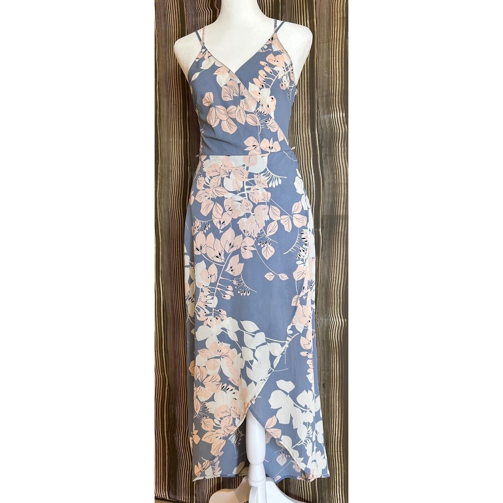 ASTR The Label Maxi Dress Floral Strappy Blue Pink Sz XS High Low Faux Wrap NWT